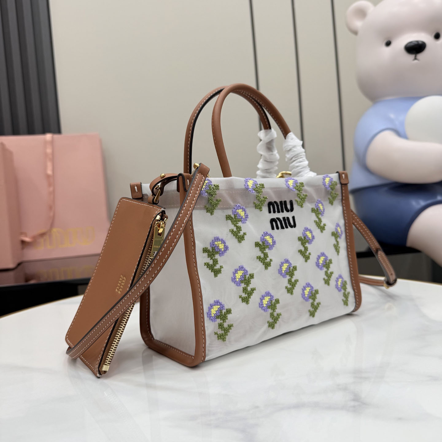 Miu Miu Embroidered Mesh Top-Handle Bag - DesignerGu