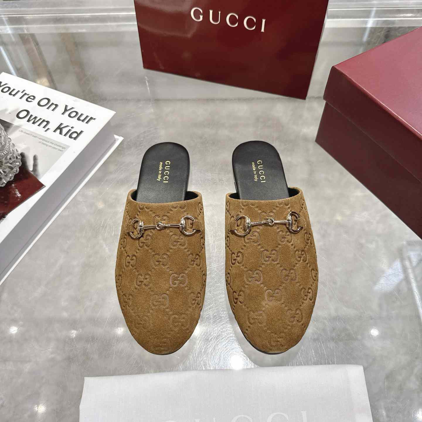 Gucci   Lucy Logo Suede Mule Loafers - DesignerGu