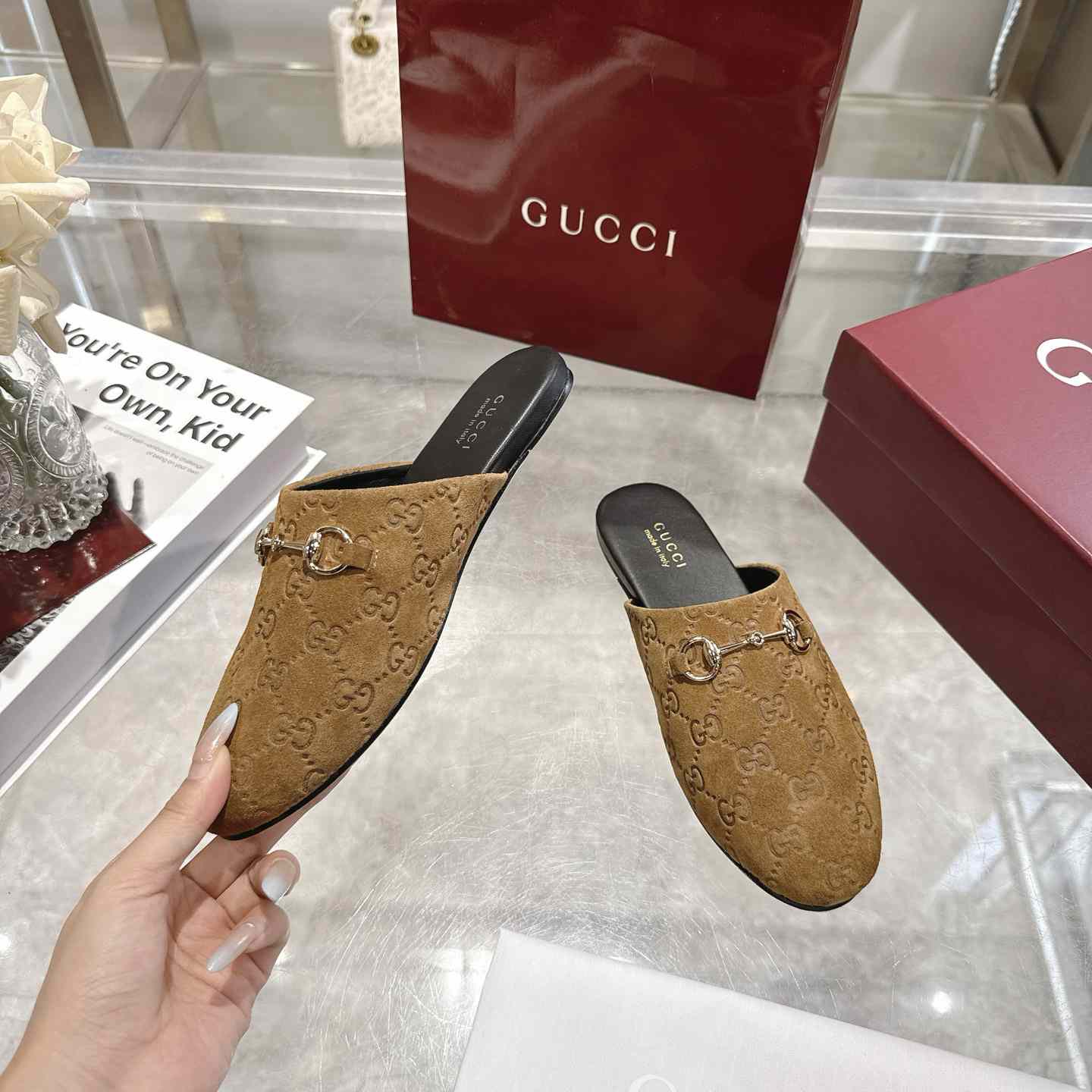 Gucci   Lucy Logo Suede Mule Loafers - DesignerGu
