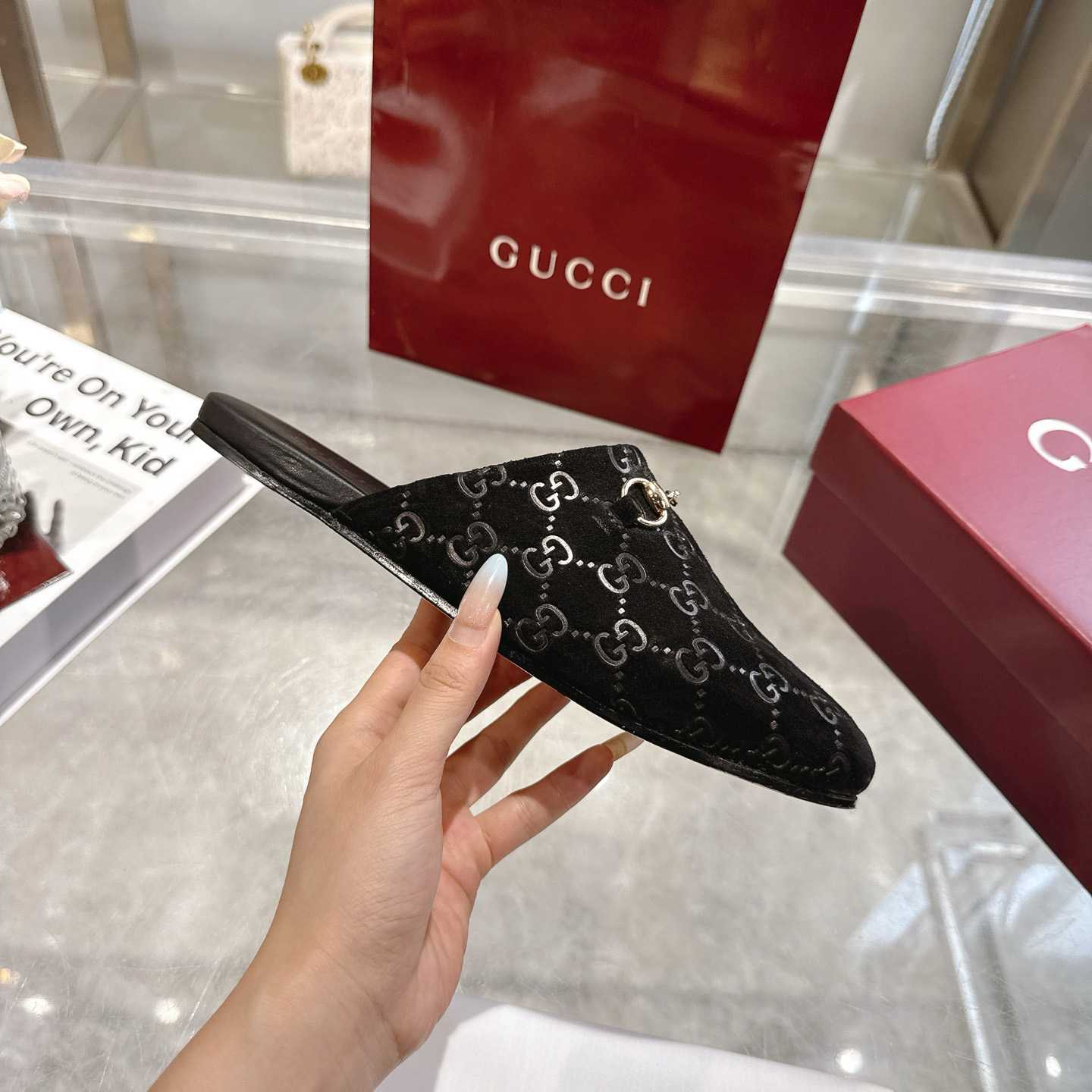Gucci   Lucy Logo Suede Mule Loafers - DesignerGu
