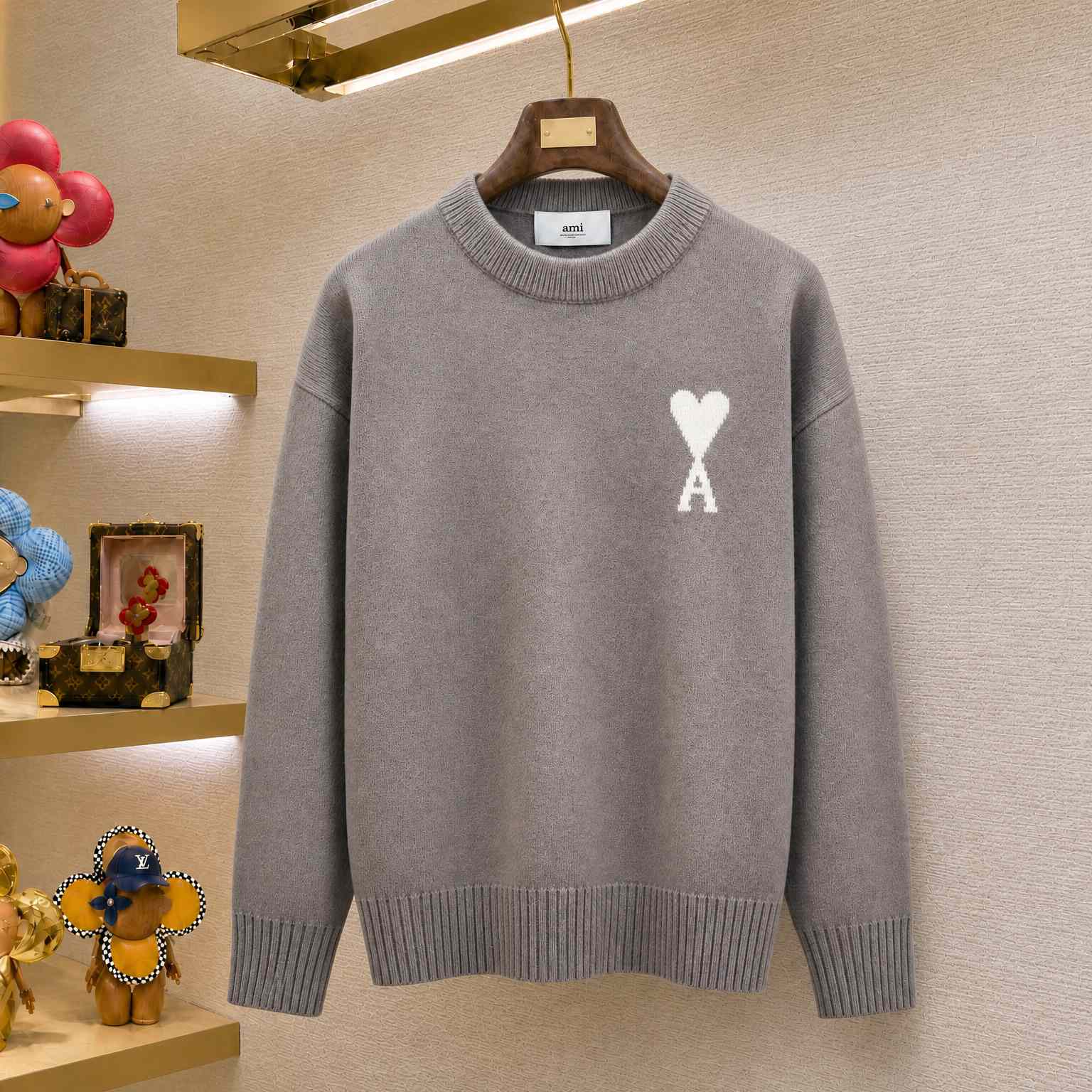 AMI Paris Grey Crewneck Alpaca Sweater With Ami De Coeur - DesignerGu