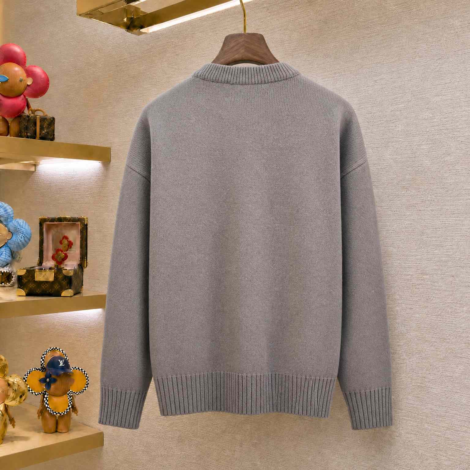 AMI Paris Grey Crewneck Alpaca Sweater With Ami De Coeur - DesignerGu