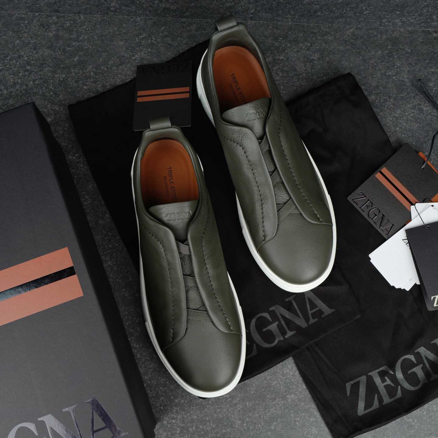 Zegna Dark Taupe Triple Stitch™ SECONDSKIN Sneakers - DesignerGu