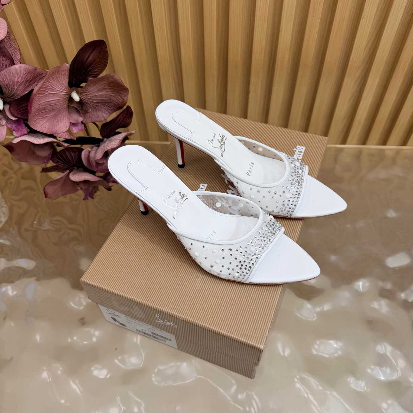 Christian Louboutin Miss Z Degrasstrass Perla Mesh and Leather 80MM Mule Sandals - DesignerGu