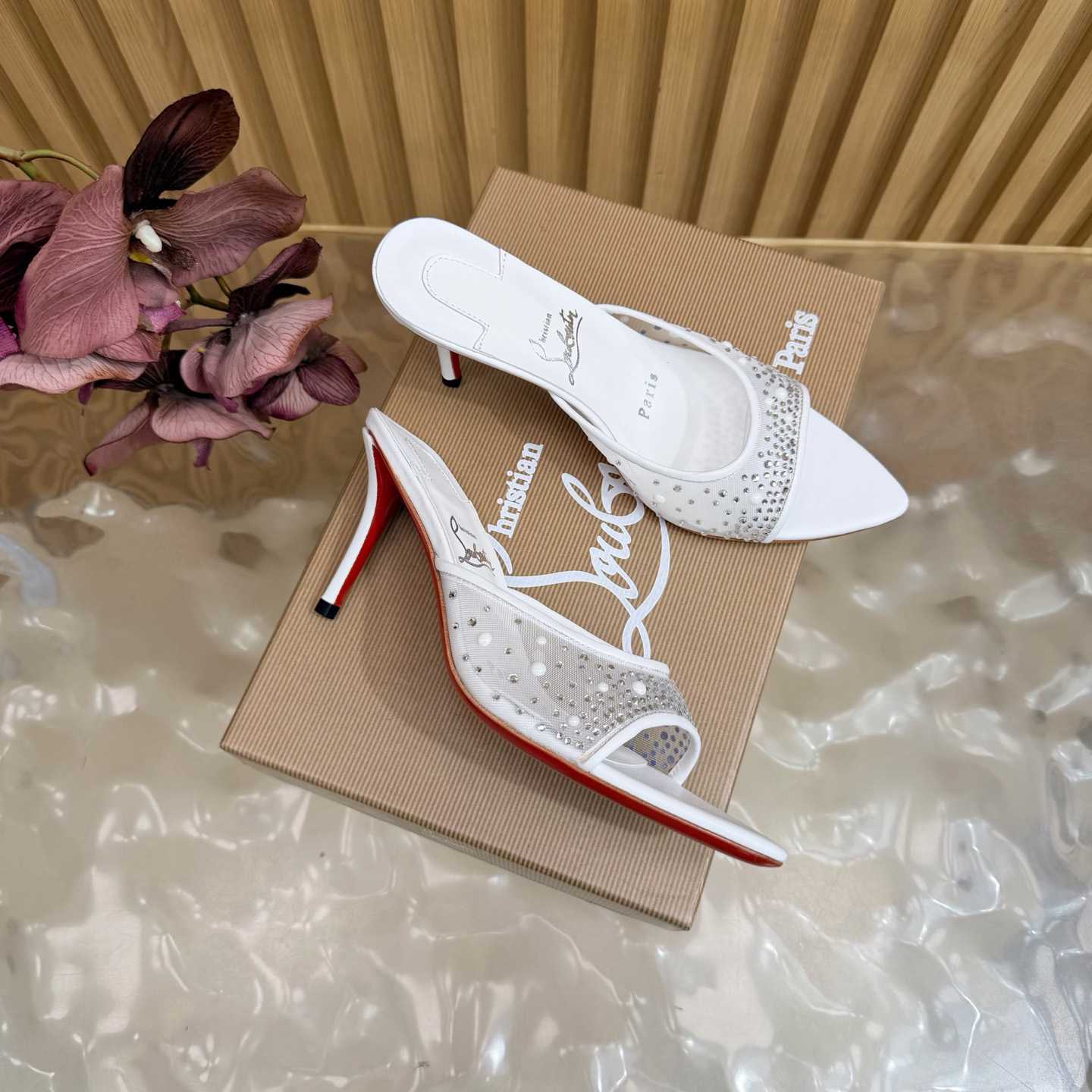 Christian Louboutin Miss Z Degrasstrass Perla Mesh and Leather 80MM Mule Sandals - DesignerGu
