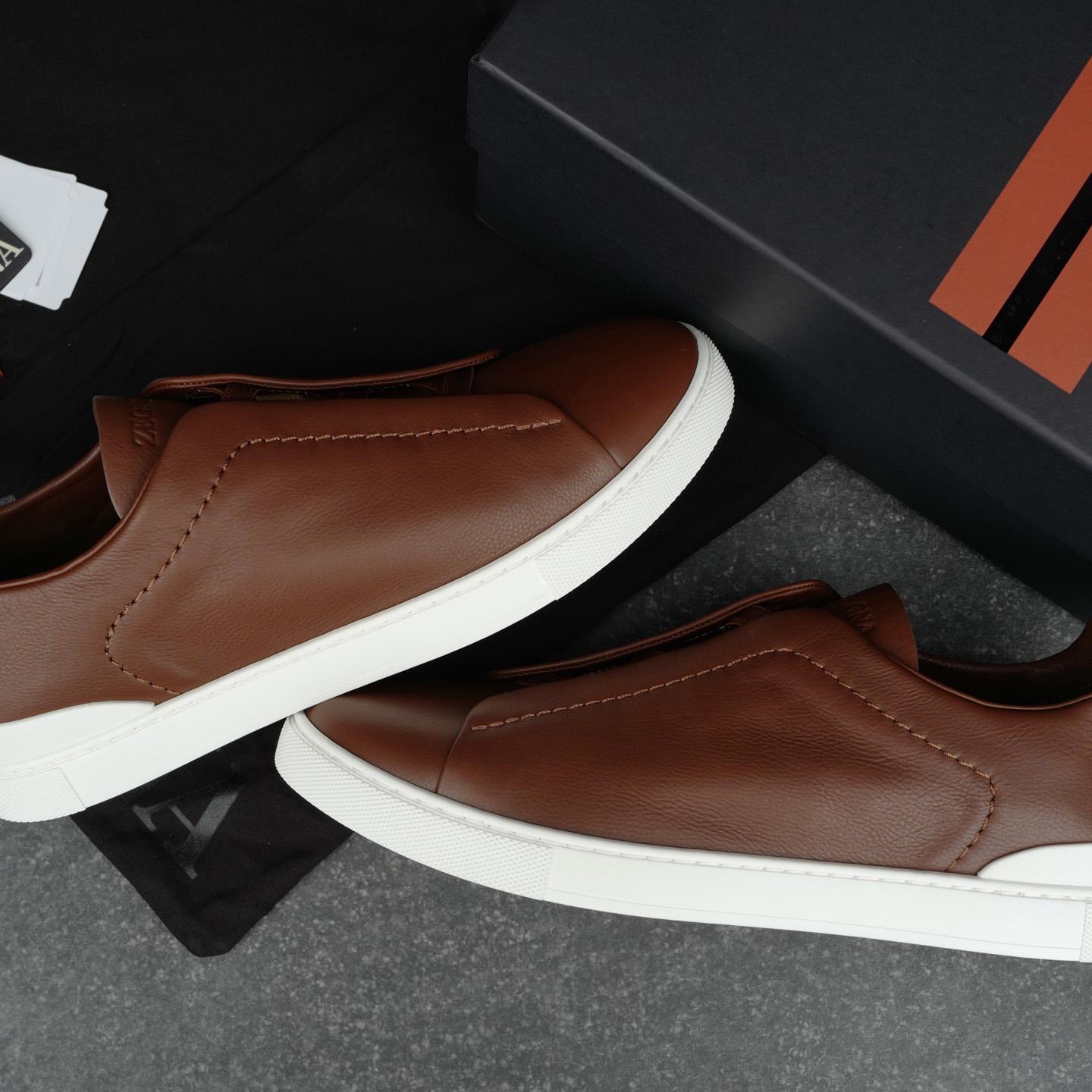 Zegna Almond Brown Triple Stitch™ SECONDSKIN Sneakers - DesignerGu