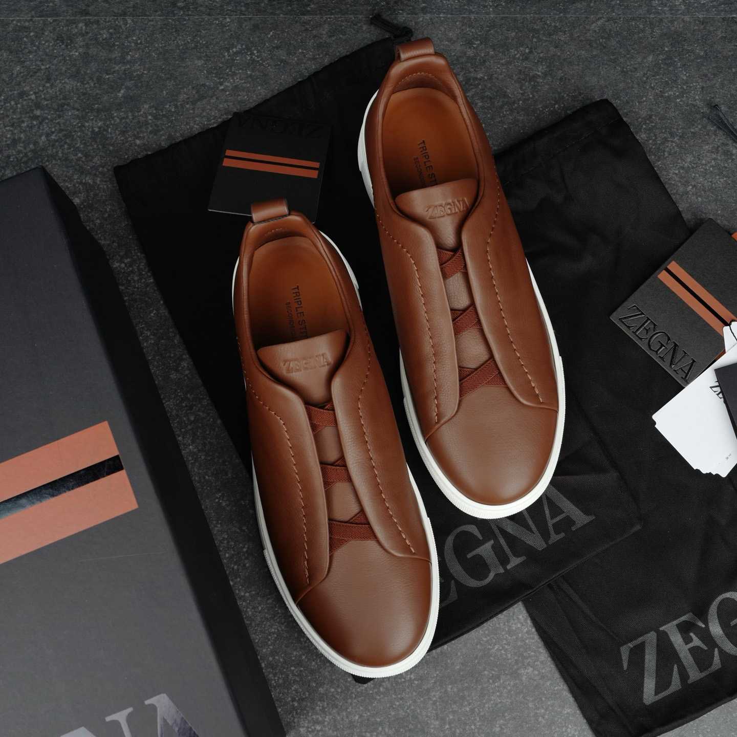 Zegna Almond Brown Triple Stitch™ SECONDSKIN Sneakers - DesignerGu