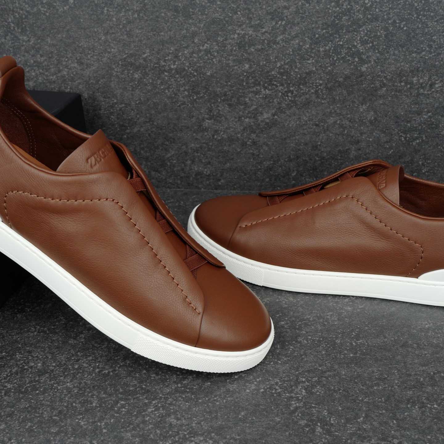 Zegna Almond Brown Triple Stitch™ SECONDSKIN Sneakers - DesignerGu