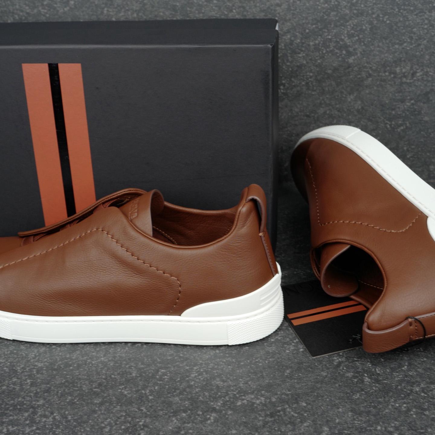 Zegna Almond Brown Triple Stitch™ SECONDSKIN Sneakers - DesignerGu