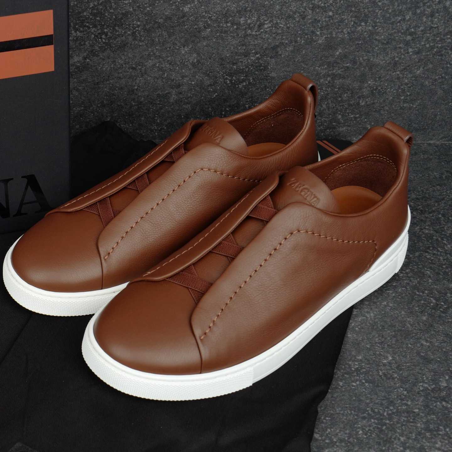 Zegna Almond Brown Triple Stitch™ SECONDSKIN Sneakers - DesignerGu