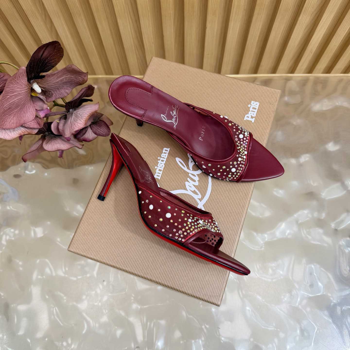 Christian Louboutin Miss Z Degrasstrass Perla Mesh and Leather 80MM Mule Sandals - DesignerGu