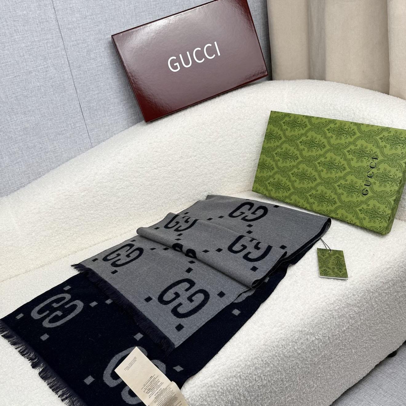 Gucci GG Jacquard Wool Silk Scarf - DesignerGu