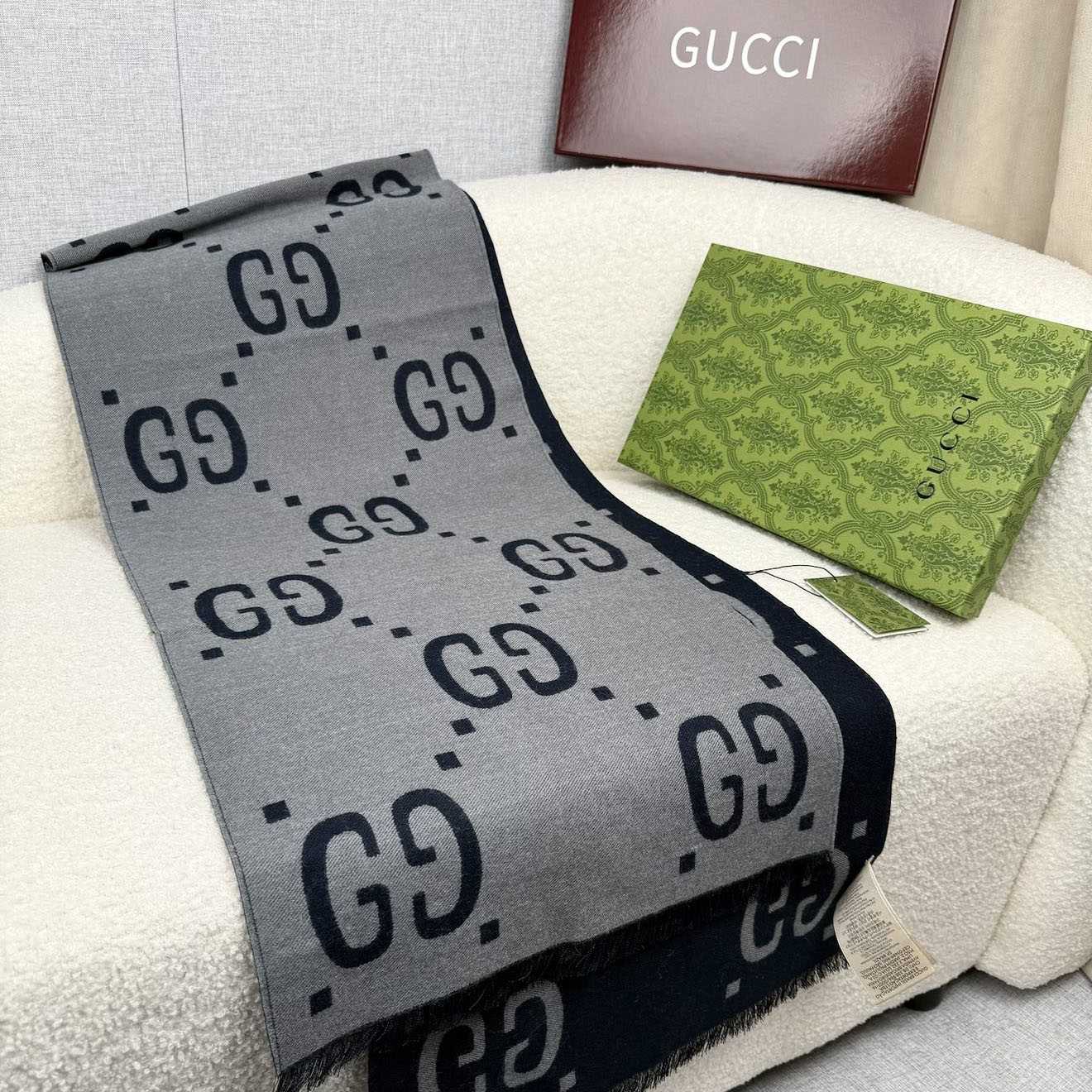 Gucci GG Jacquard Wool Silk Scarf - DesignerGu