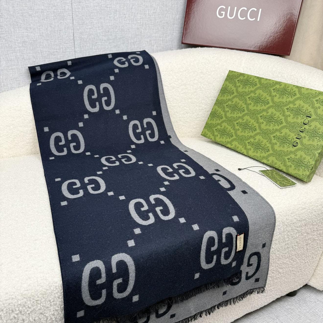 Gucci GG Jacquard Wool Silk Scarf - DesignerGu