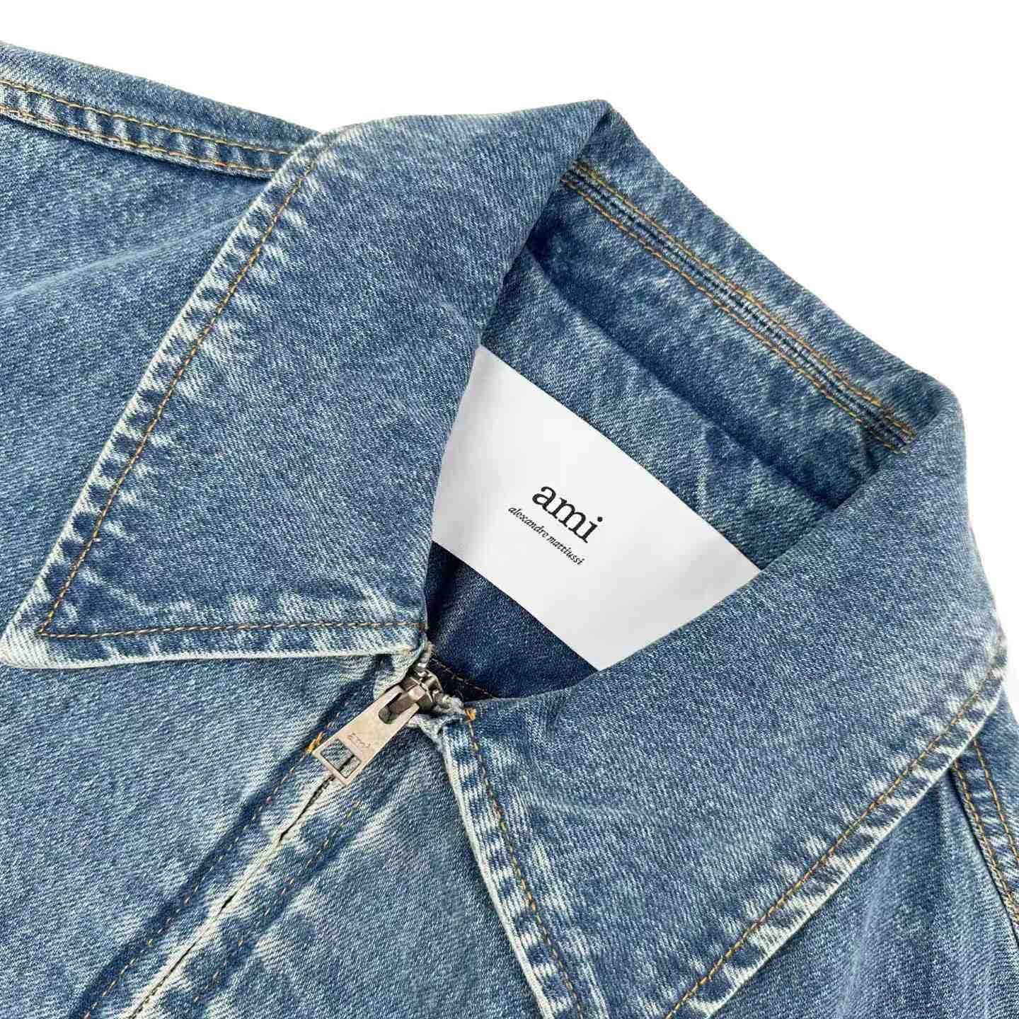 Ami Paris Blue Cotton Contrasted Zipped Jacket with Ami De Coeur - DesignerGu
