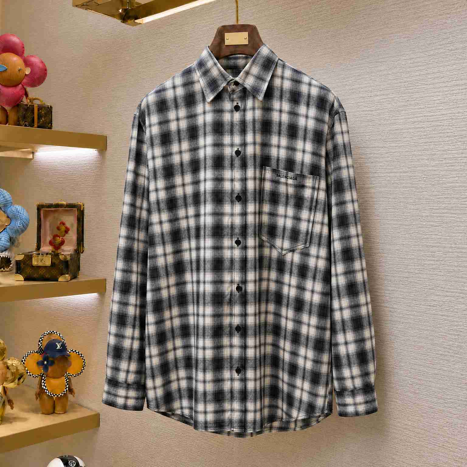 Balenciaga Regular Fit Check Flannel Shirt in White/Black - DesignerGu