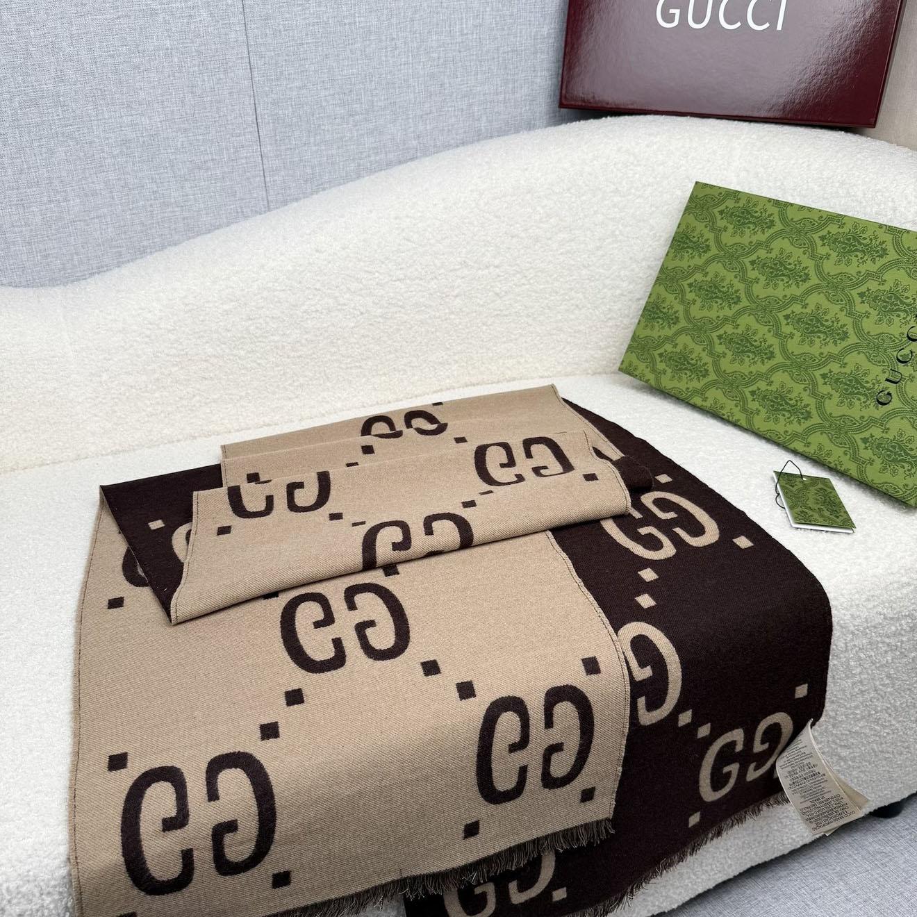 Gucci GG Jacquard Wool Silk Scarf - DesignerGu