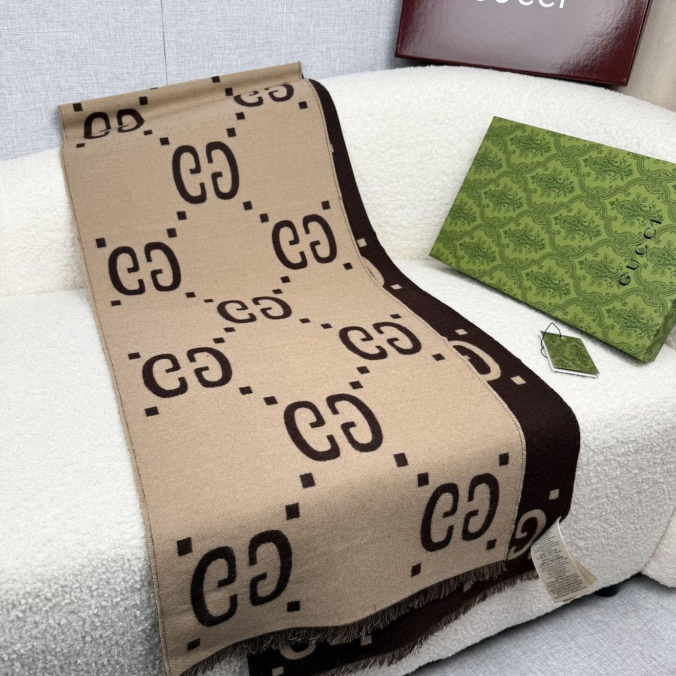 Gucci GG Jacquard Wool Silk Scarf - DesignerGu