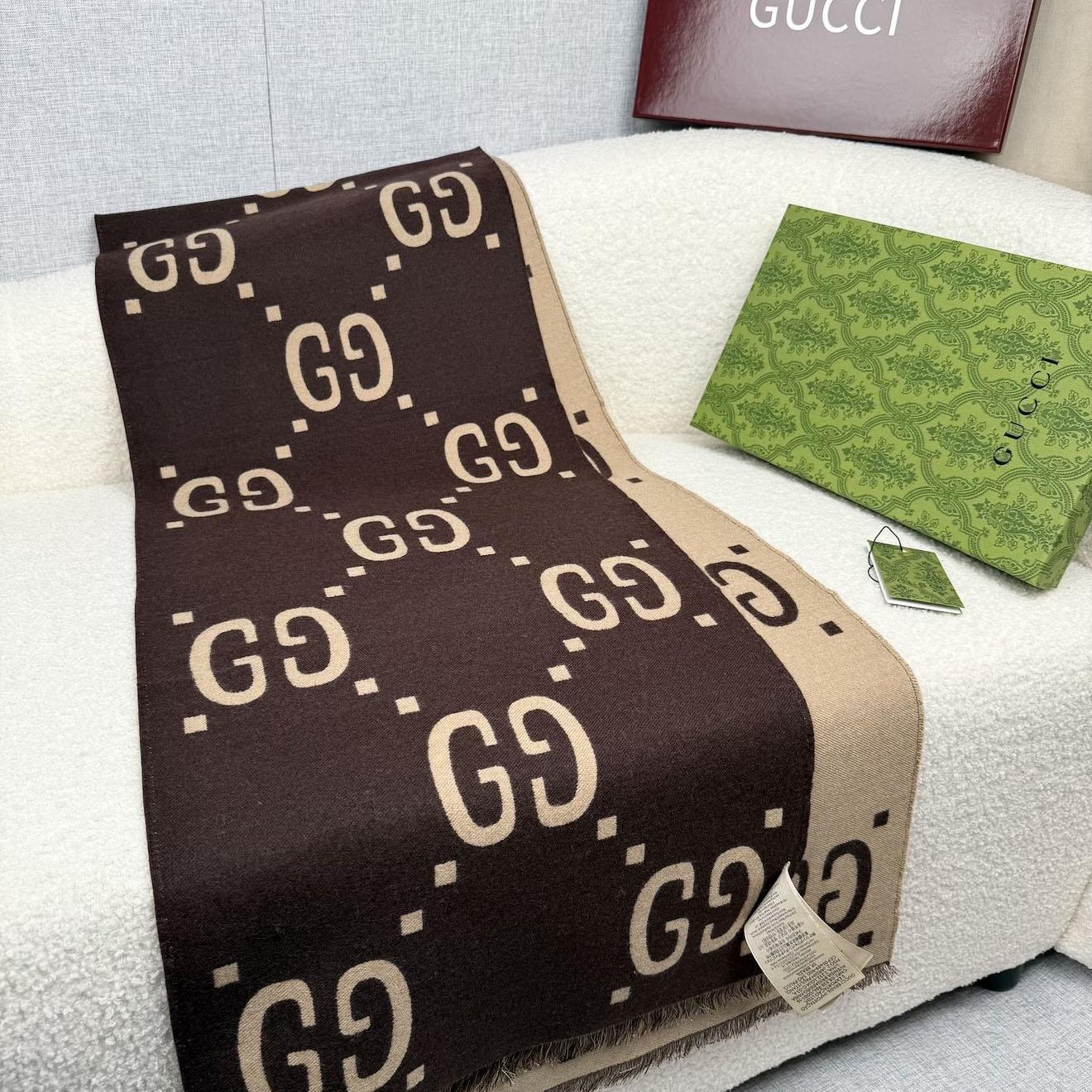Gucci GG Jacquard Wool Silk Scarf - DesignerGu