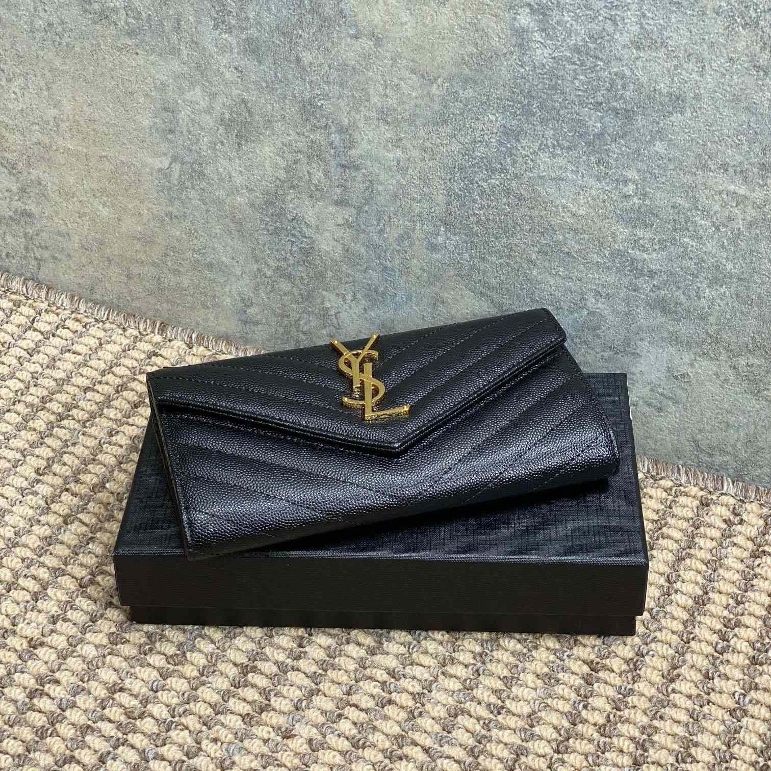 Saint Laurent Cassandre YSL Monogram Large Flap Wallet In Grained Leather - DesignerGu