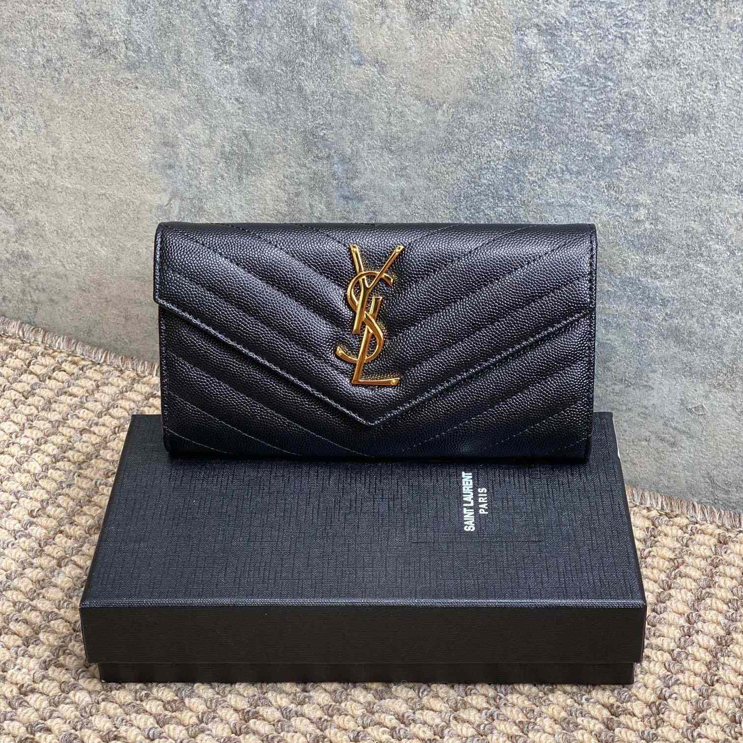 Saint Laurent Cassandre YSL Monogram Large Flap Wallet In Grained Leather - DesignerGu