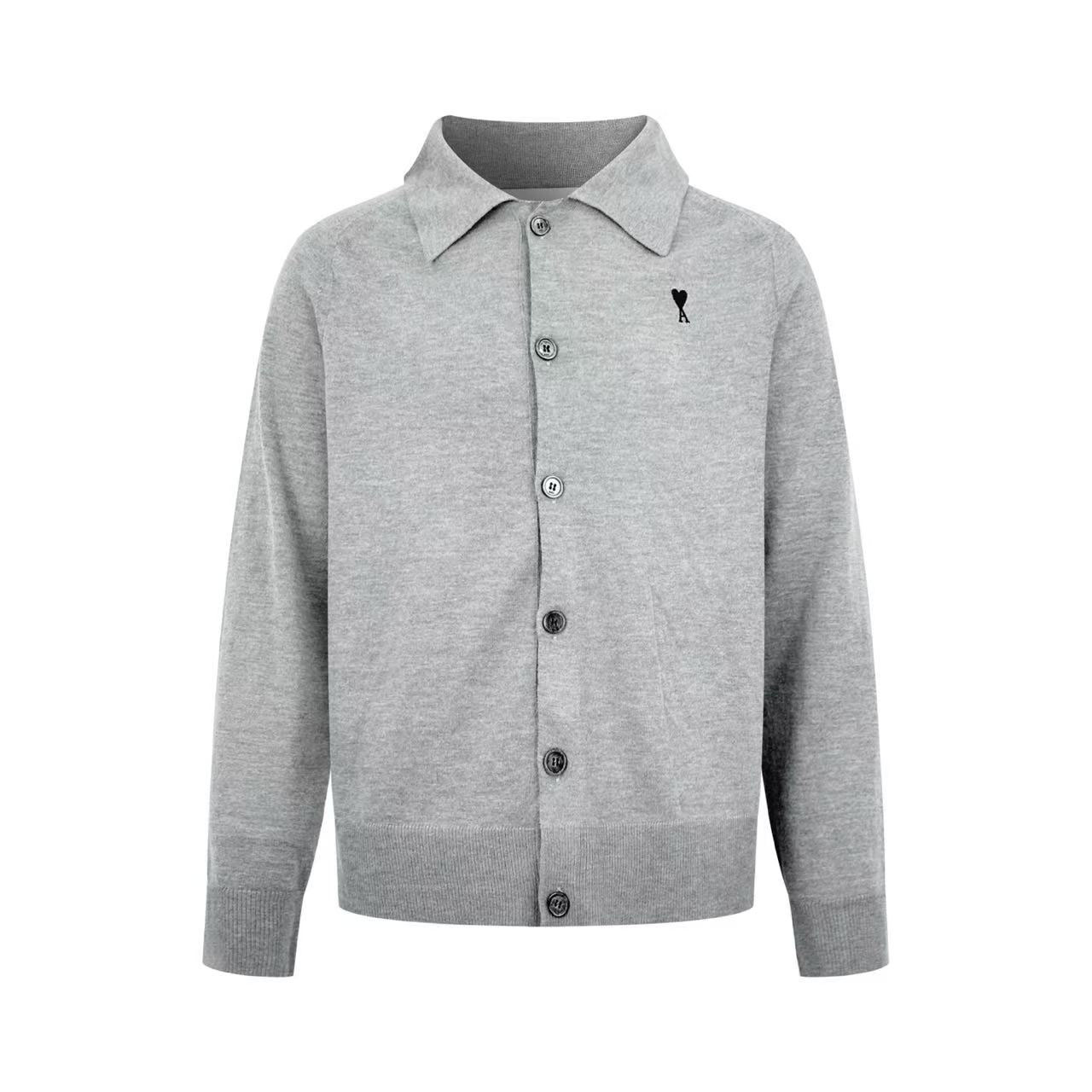 AMI Paris Grey Wool Shirt Collar Ami De Coeur Cardigan - DesignerGu