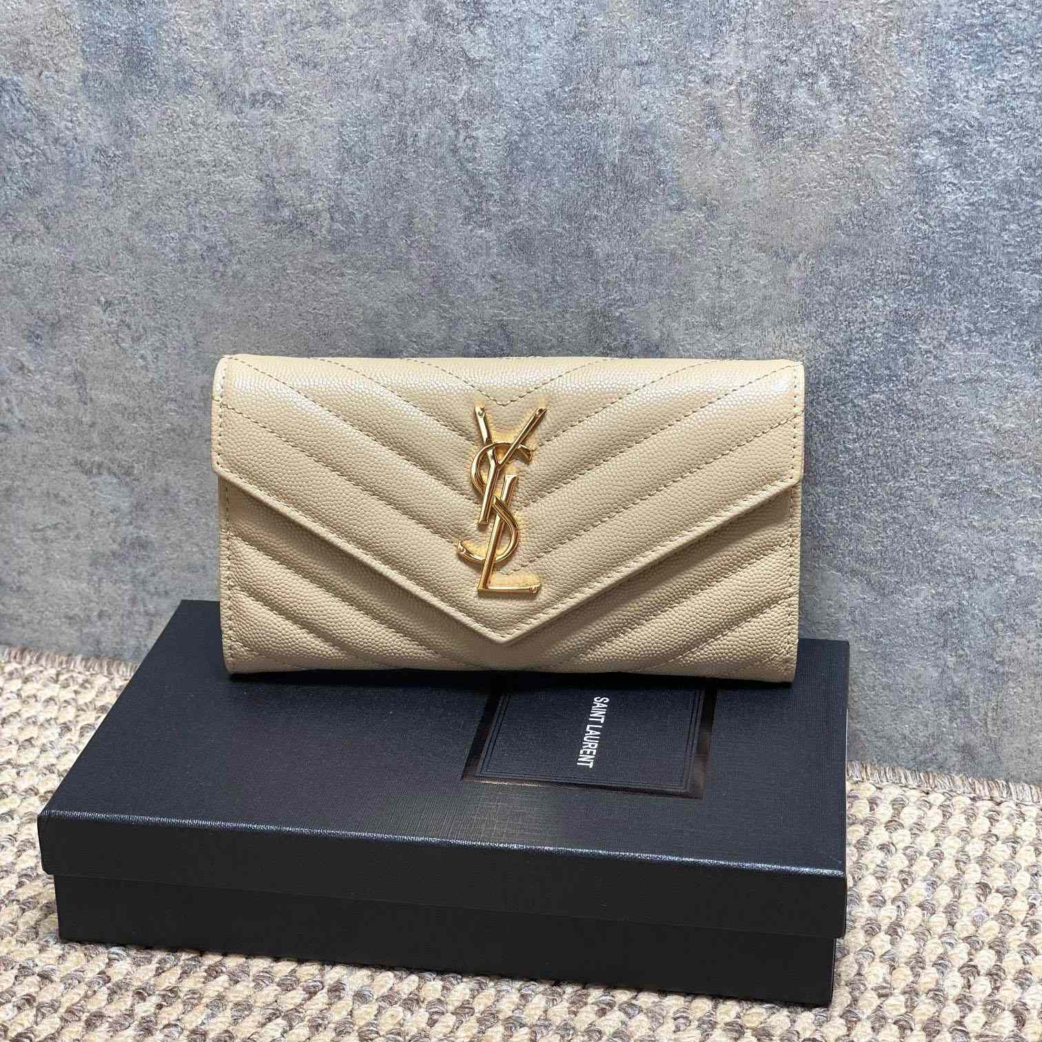 Saint Laurent Cassandre YSL Monogram Large Flap Wallet In Grained Leather - DesignerGu