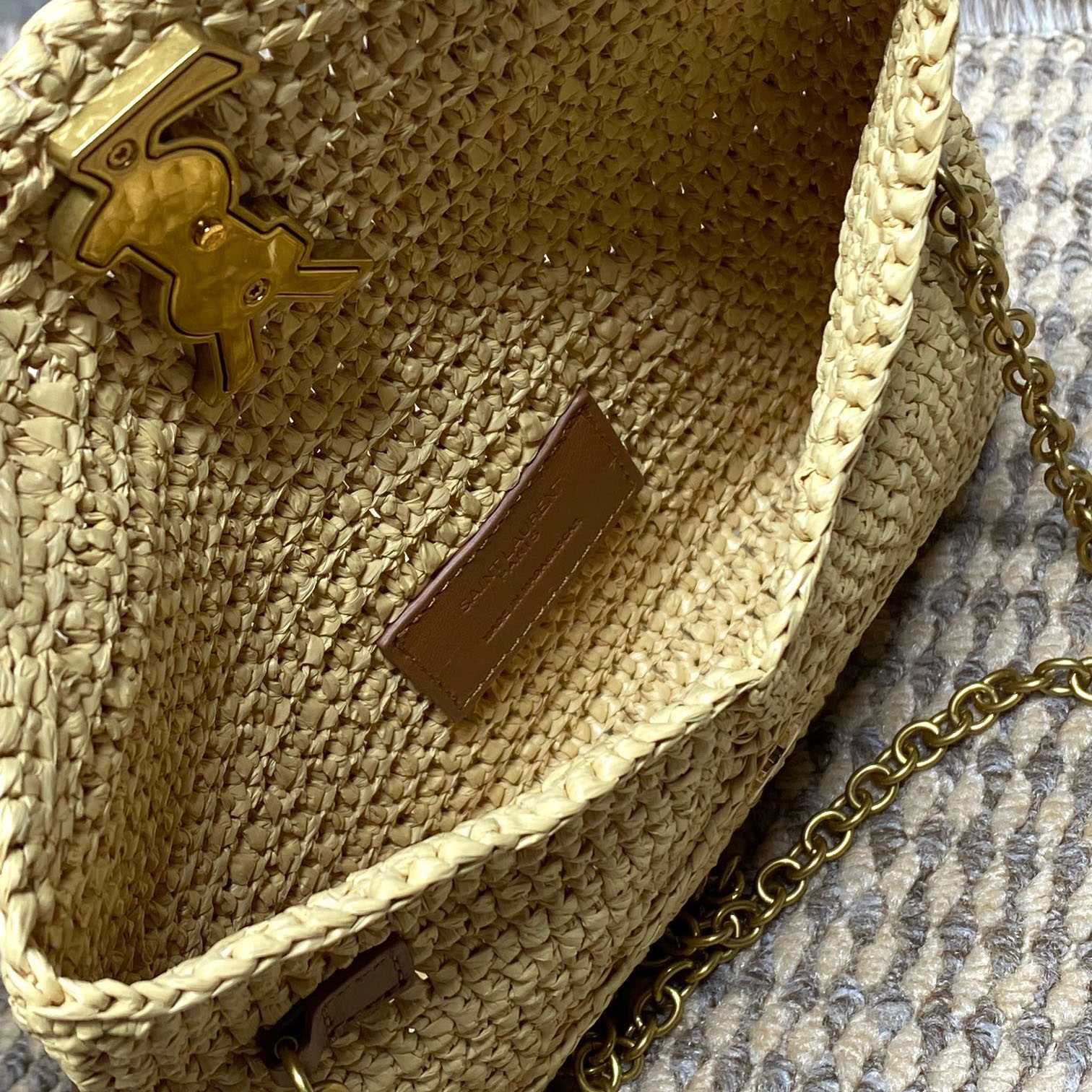 Saint Laurent Cassandre Small Chain Pouch In Raffia - DesignerGu