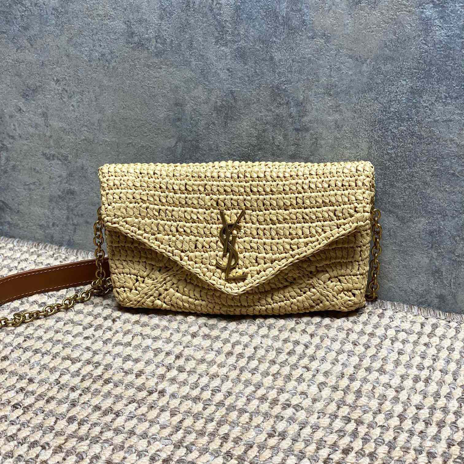 Saint Laurent Cassandre Small Chain Pouch In Raffia - DesignerGu