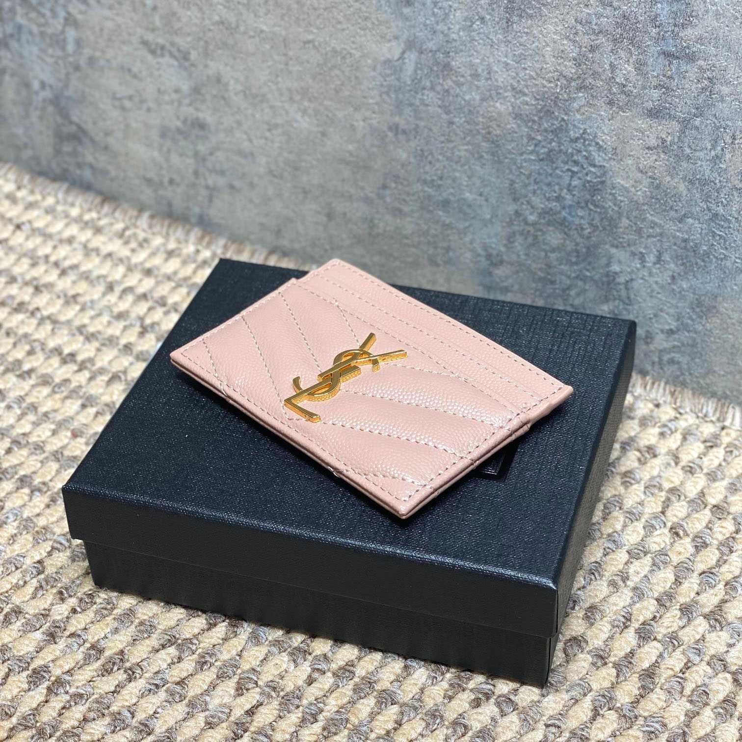 Saint Laurent Cassandre Matelasse Card Case In Grain Dde Poudre Leather - DesignerGu