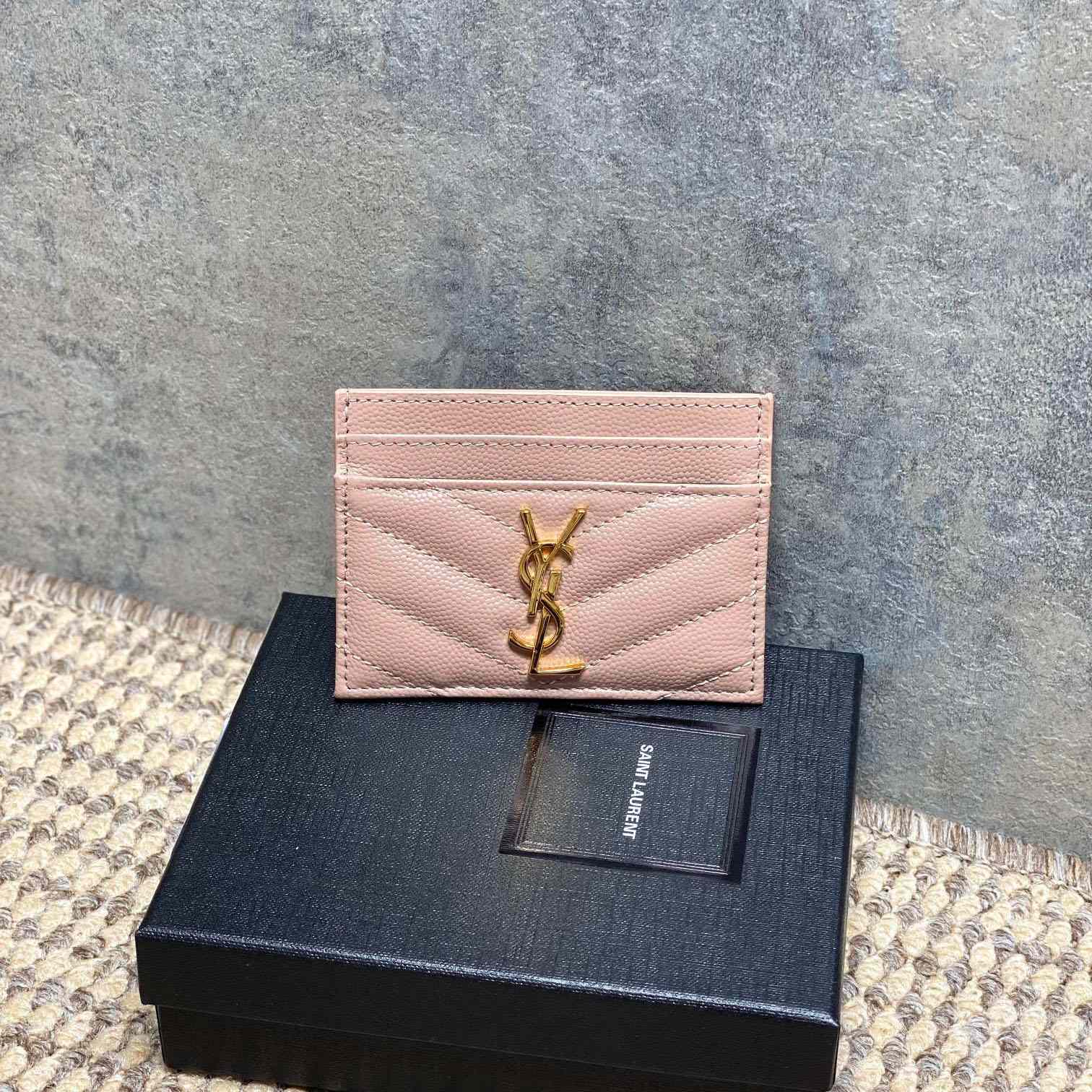 Saint Laurent Cassandre Matelasse Card Case In Grain Dde Poudre Leather - DesignerGu