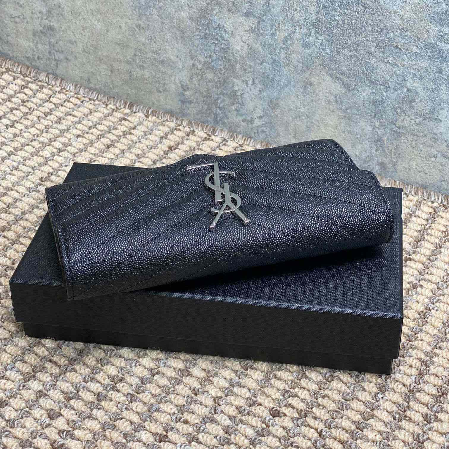 Saint Laurent Cassandre YSL Monogram Large Flap Wallet In Grained Leather - DesignerGu