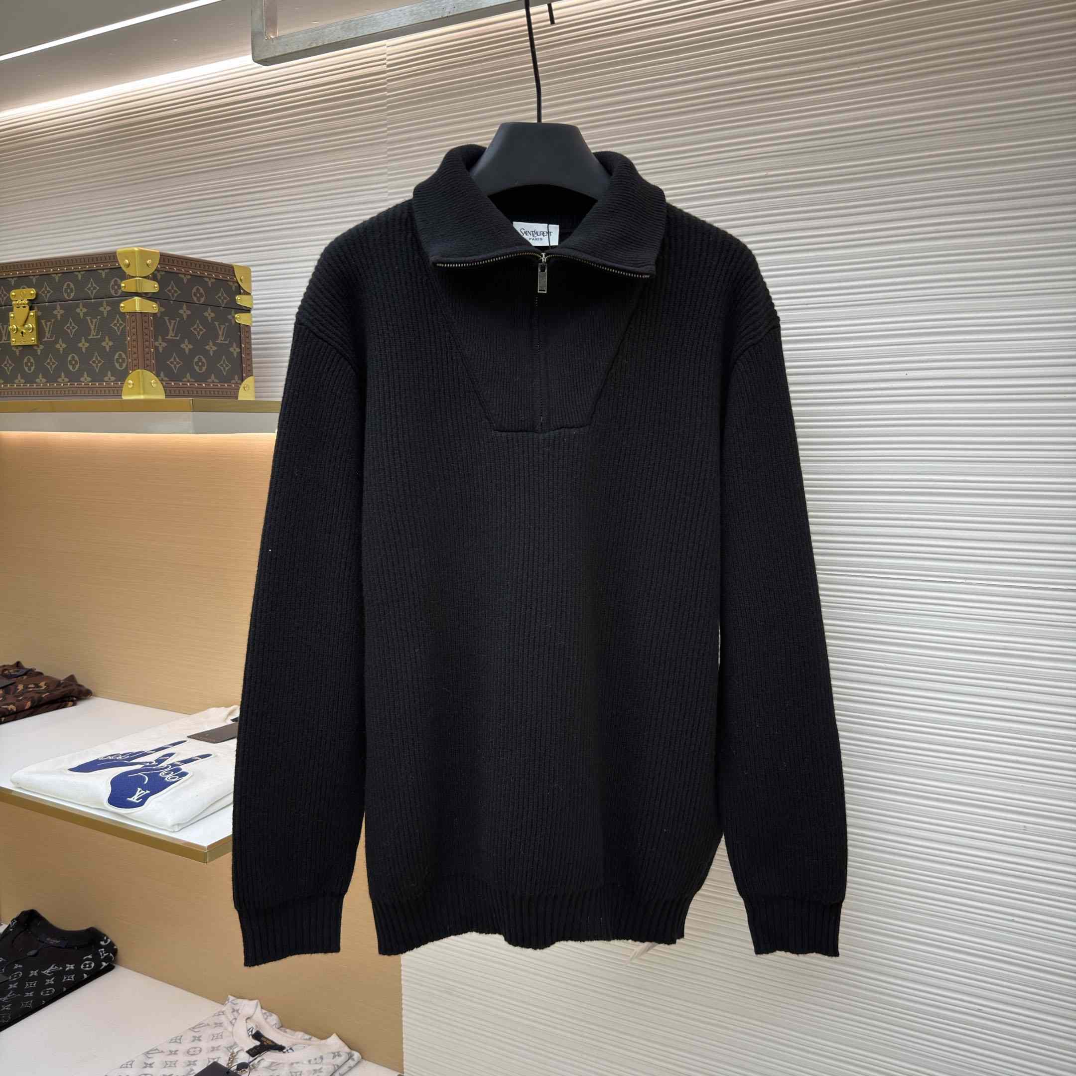 Saint Laurent Half-Zip Sweater In Rib-Knit Wool - DesignerGu