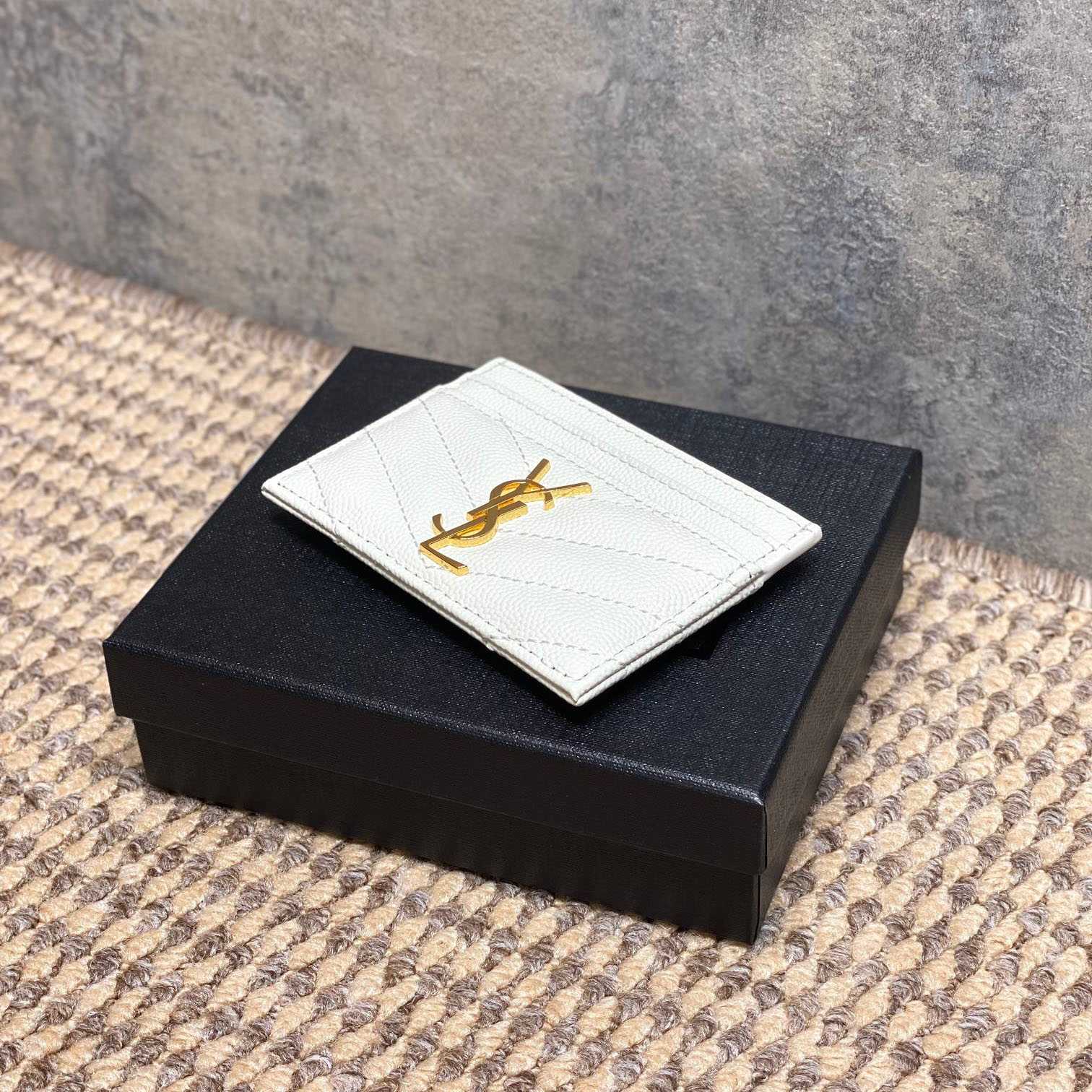 Saint Laurent Cassandre Matelasse Card Case In Grain Dde Poudre Leather - DesignerGu