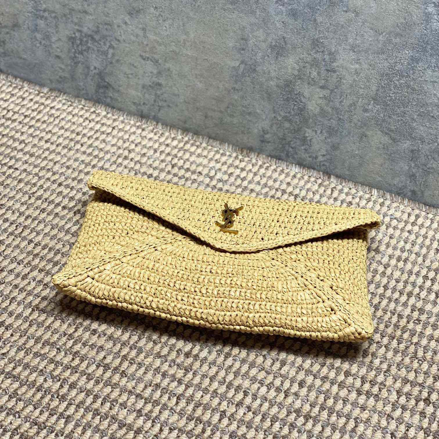 Saint Laurent Cassandre Large Envelope Pouch In Raffia - DesignerGu