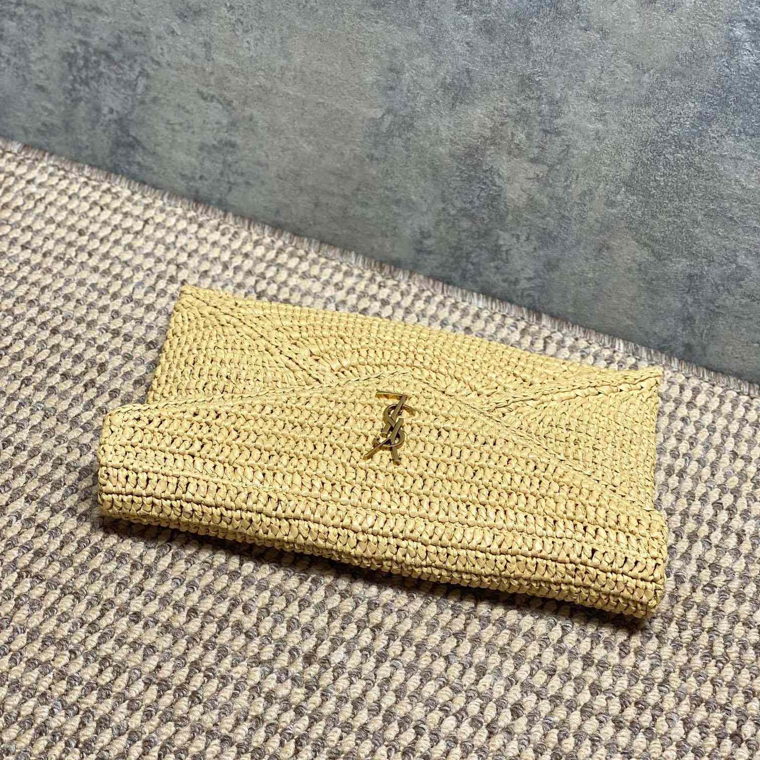 Saint Laurent Cassandre Large Envelope Pouch In Raffia - DesignerGu