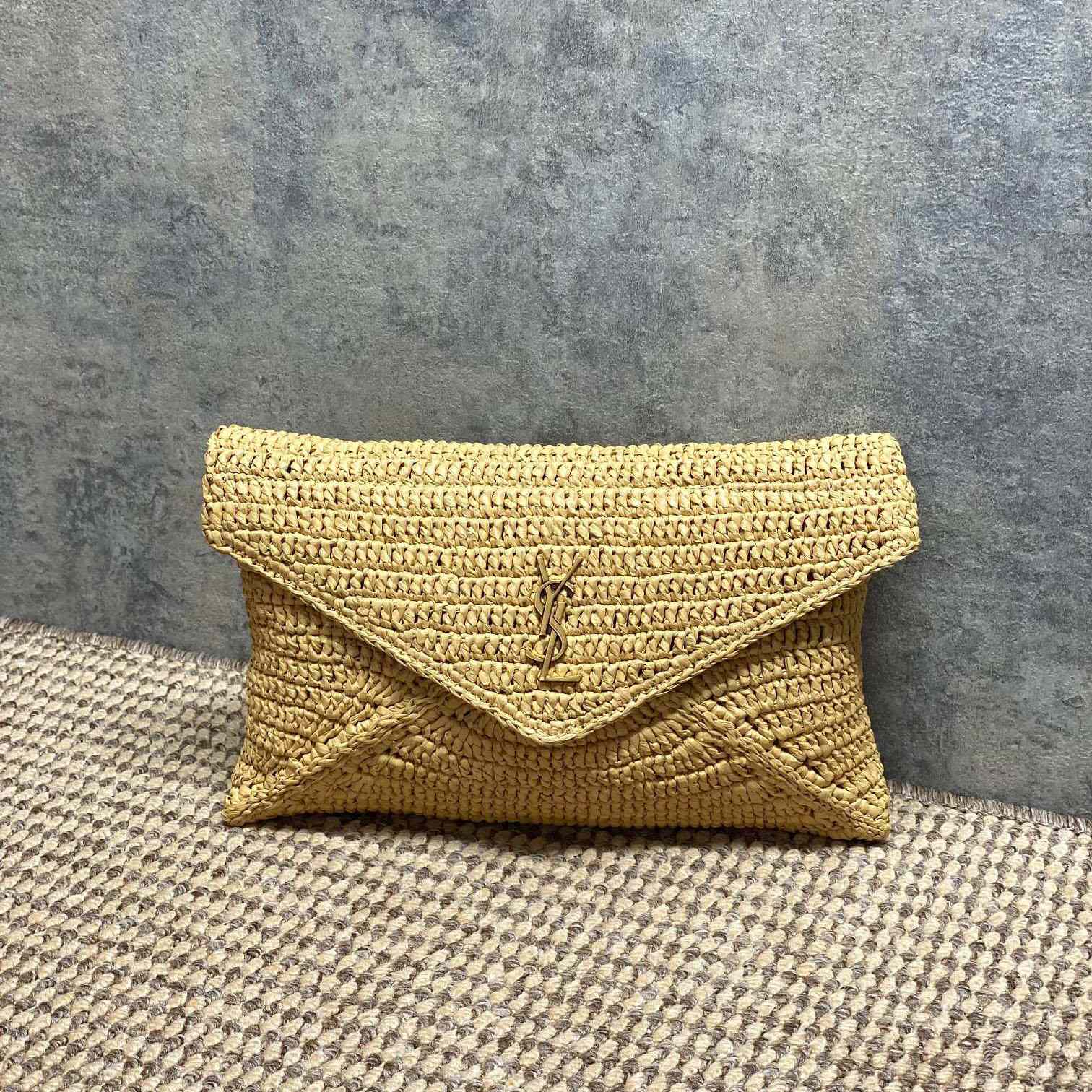 Saint Laurent Cassandre Large Envelope Pouch In Raffia - DesignerGu