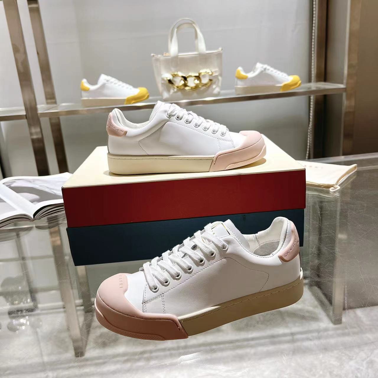 Marni Dada Bumper Sneaker In White And Pink Leather - DesignerGu