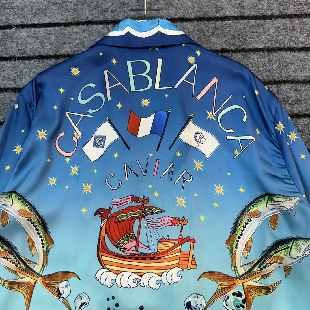 Casablanca x Caviar Kaspia Caviar Club Cuban Collar Silk Shirts - DesignerGu