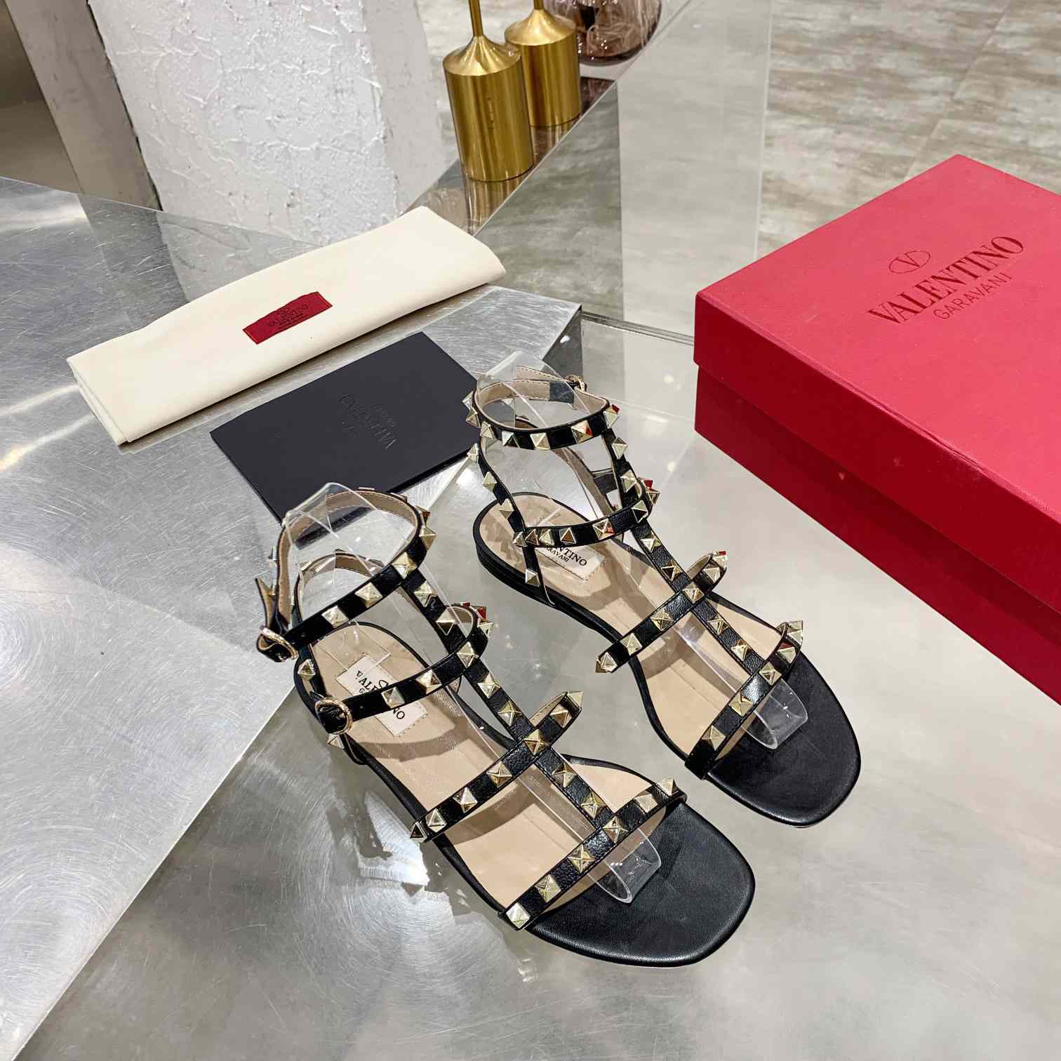 Valenti Rockstud Flat calfskin Sandal With Straps  - DesignerGu