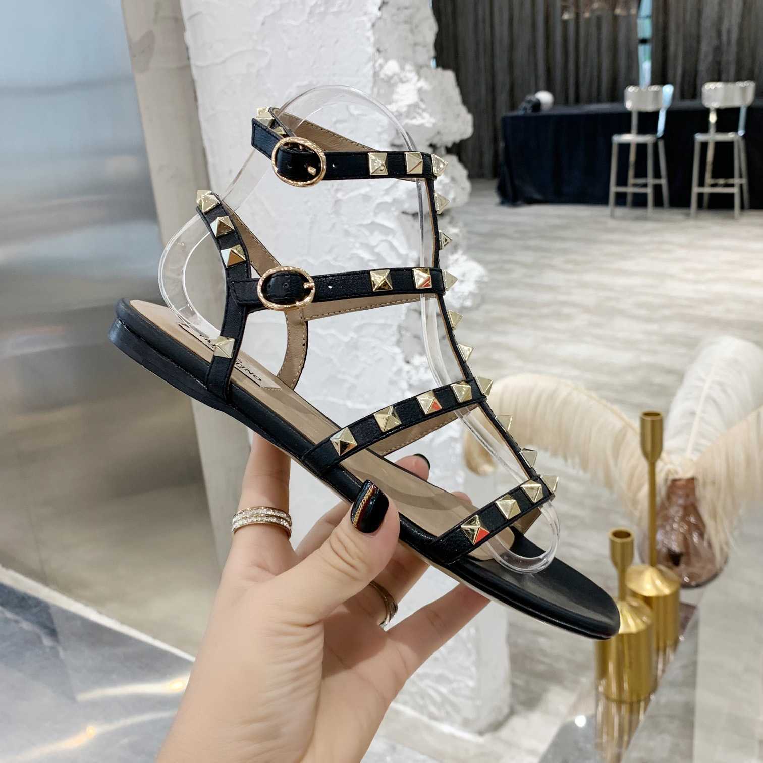 Valenti Rockstud Flat calfskin Sandal With Straps  - DesignerGu