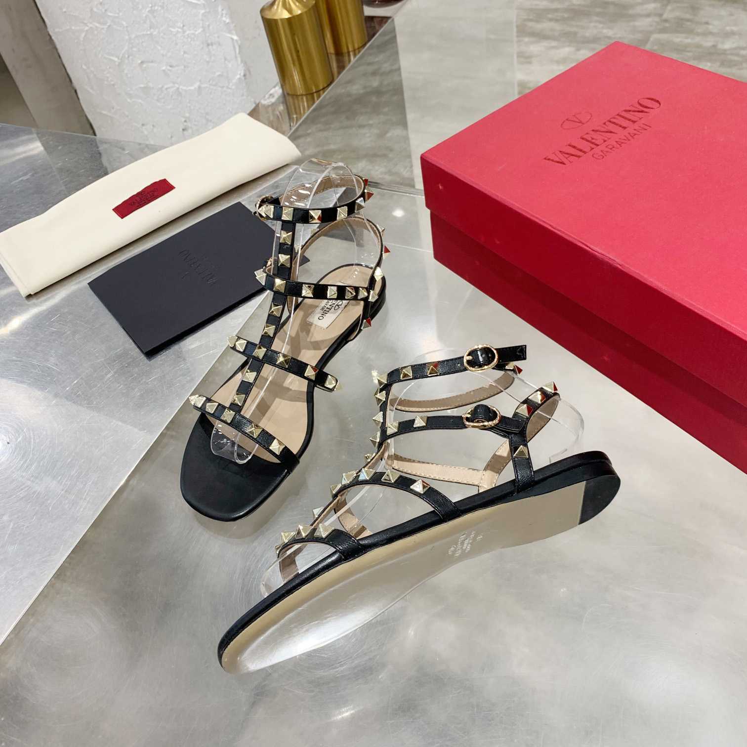 Valenti Rockstud Flat calfskin Sandal With Straps  - DesignerGu