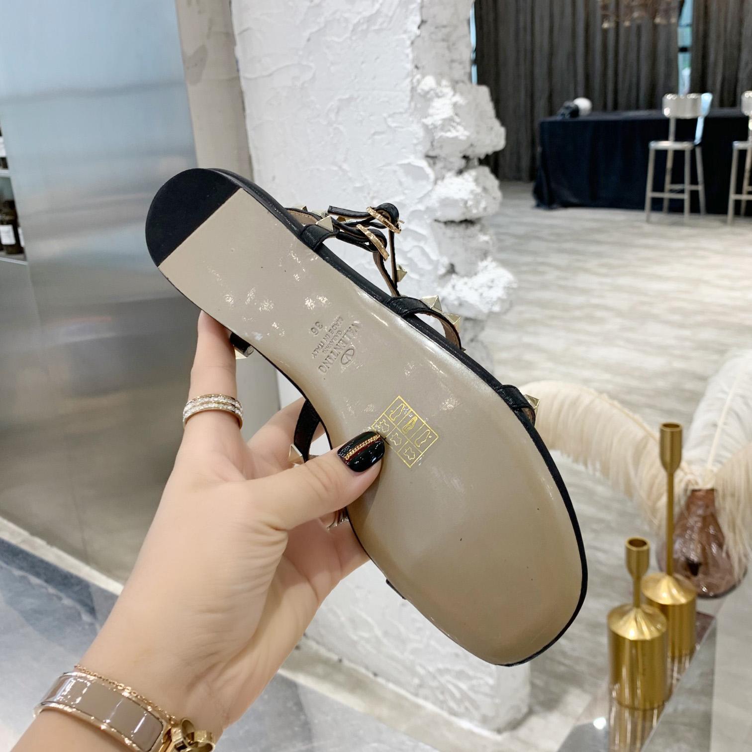 Valenti Rockstud Flat calfskin Sandal With Straps  - DesignerGu