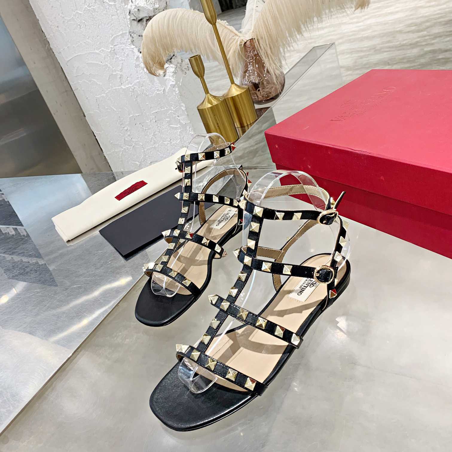 Valenti Rockstud Flat calfskin Sandal With Straps  - DesignerGu