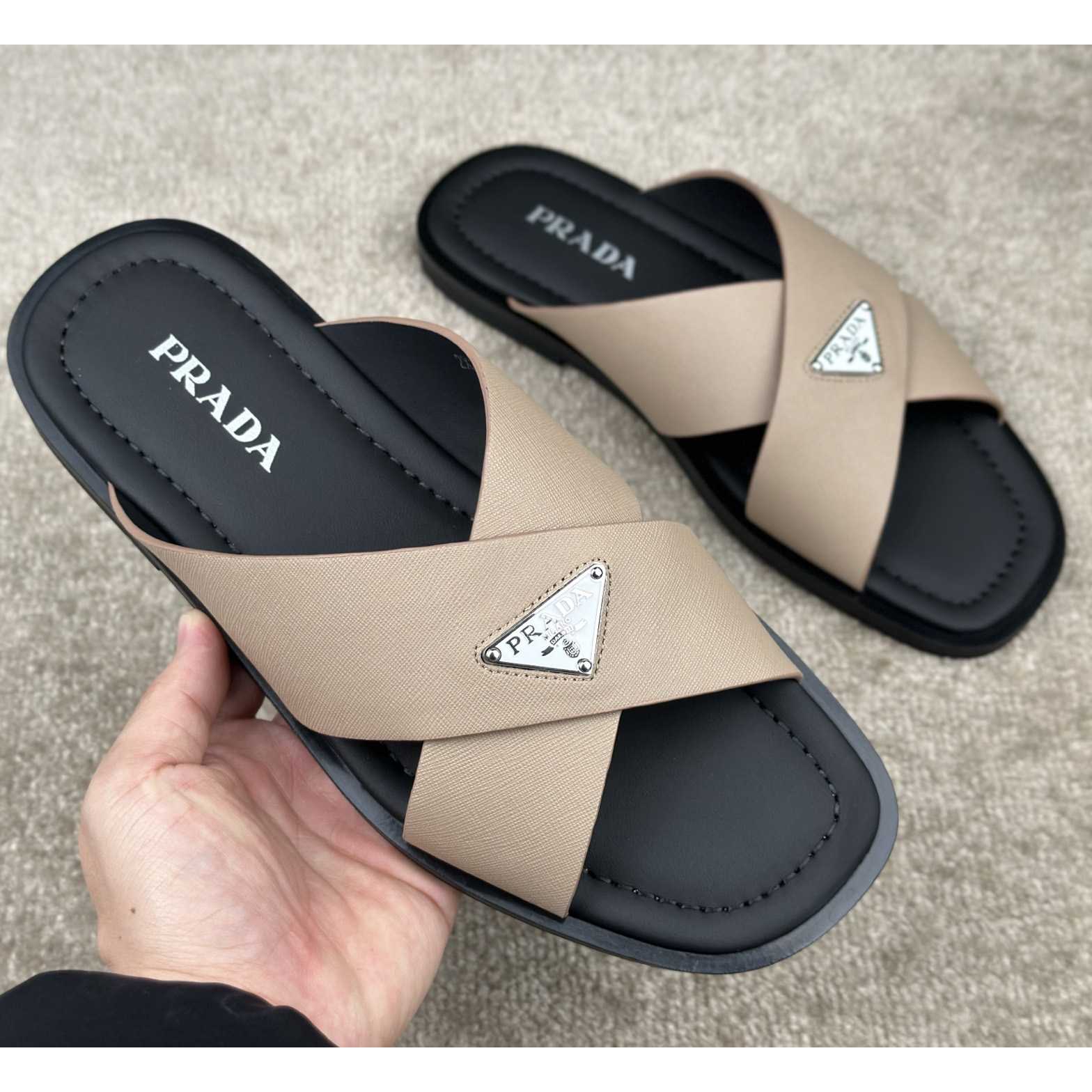 Prada Crisscross Leather Slides - DesignerGu