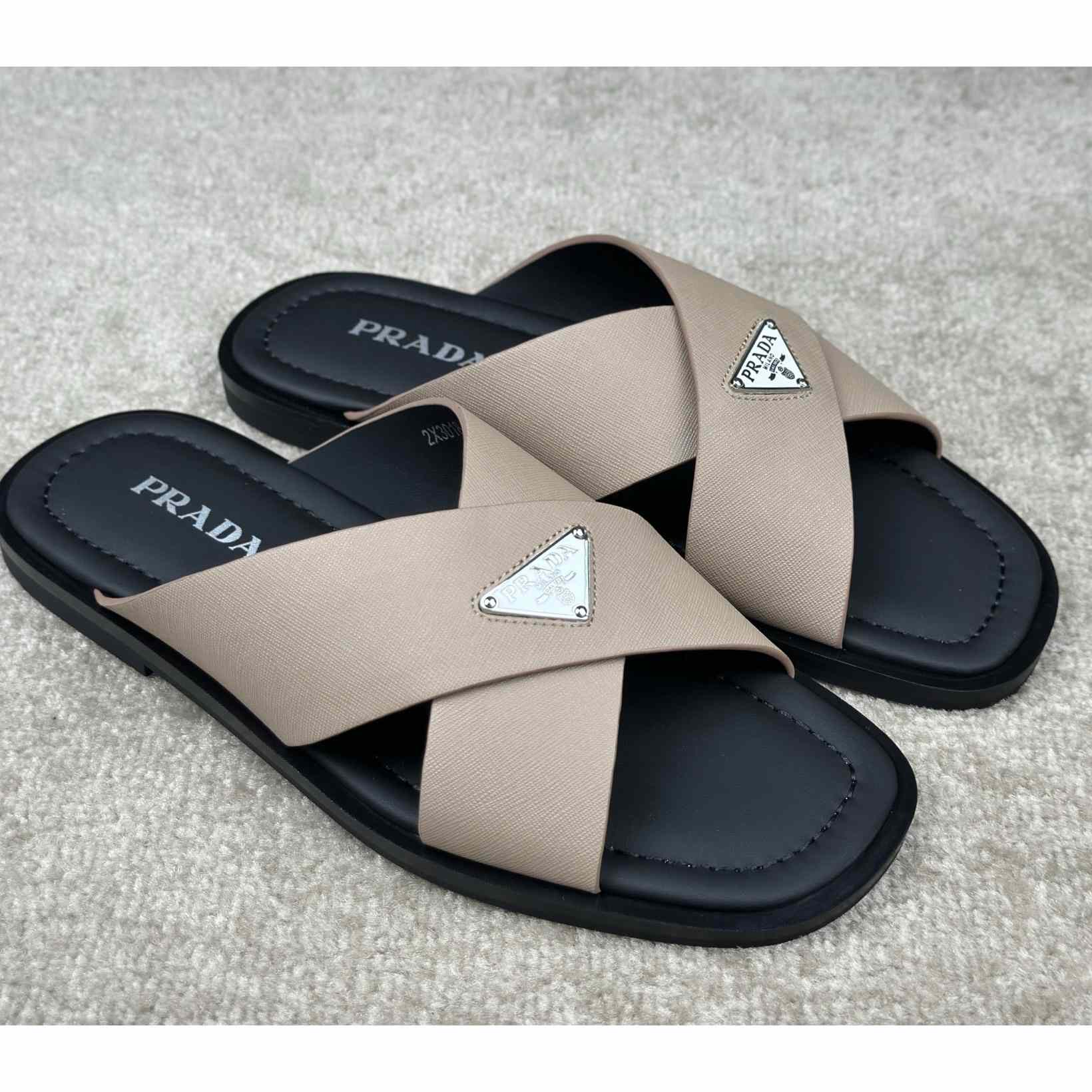 Prada Crisscross Leather Slides - DesignerGu