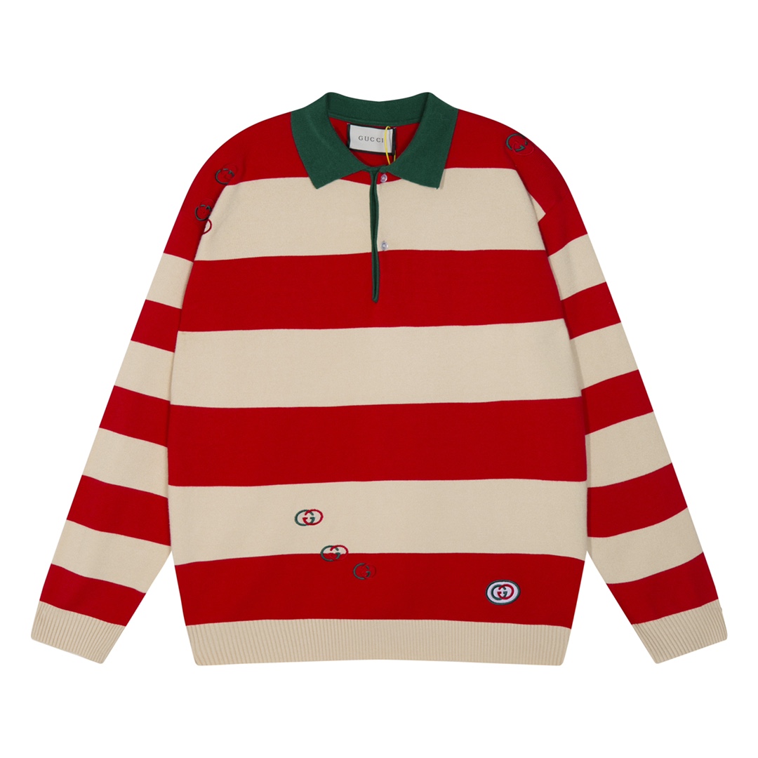 Gucci Logo Embroidered Striped Cotton Half-Placket Sweater - DesignerGu