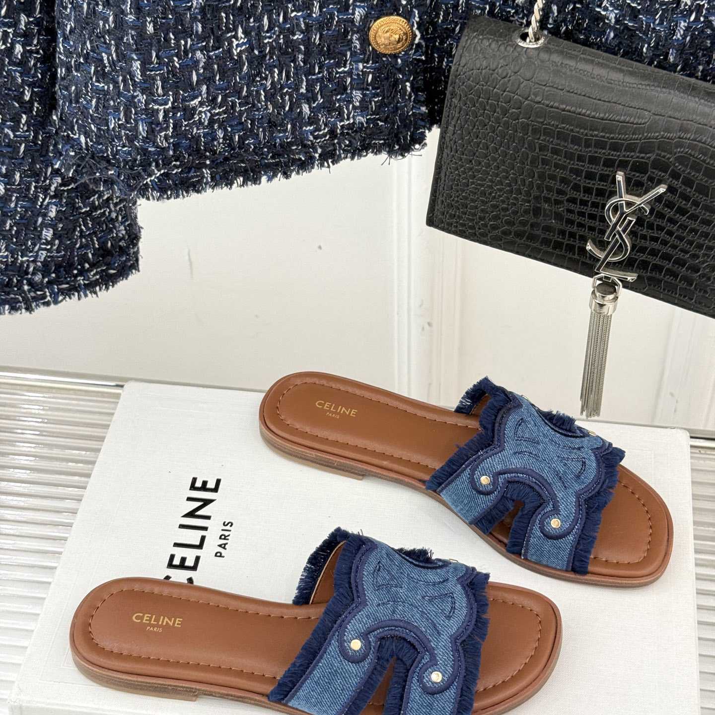 Celine Marina Fringed Mule In Denim  - DesignerGu
