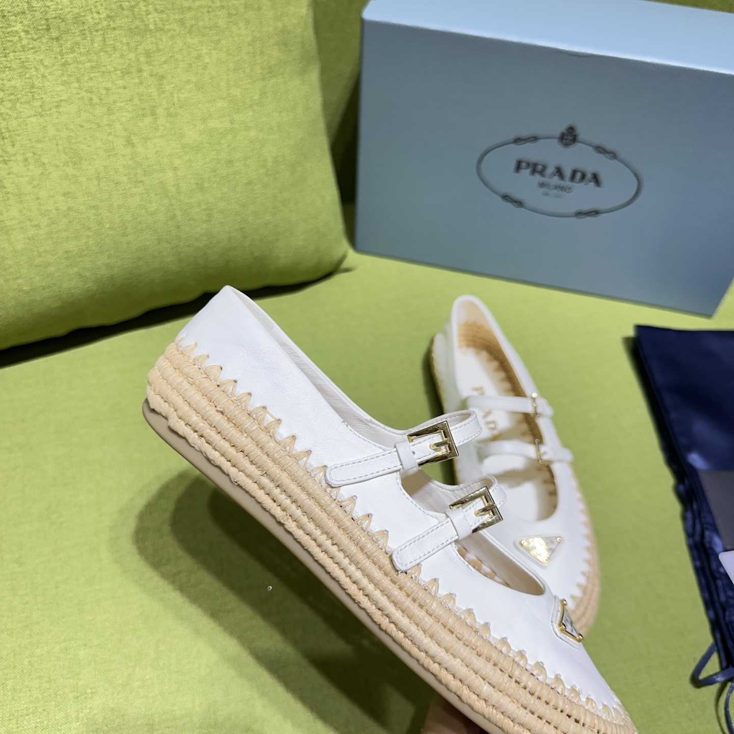 Prada Nappa Leather And Raffia Ballerinas - DesignerGu