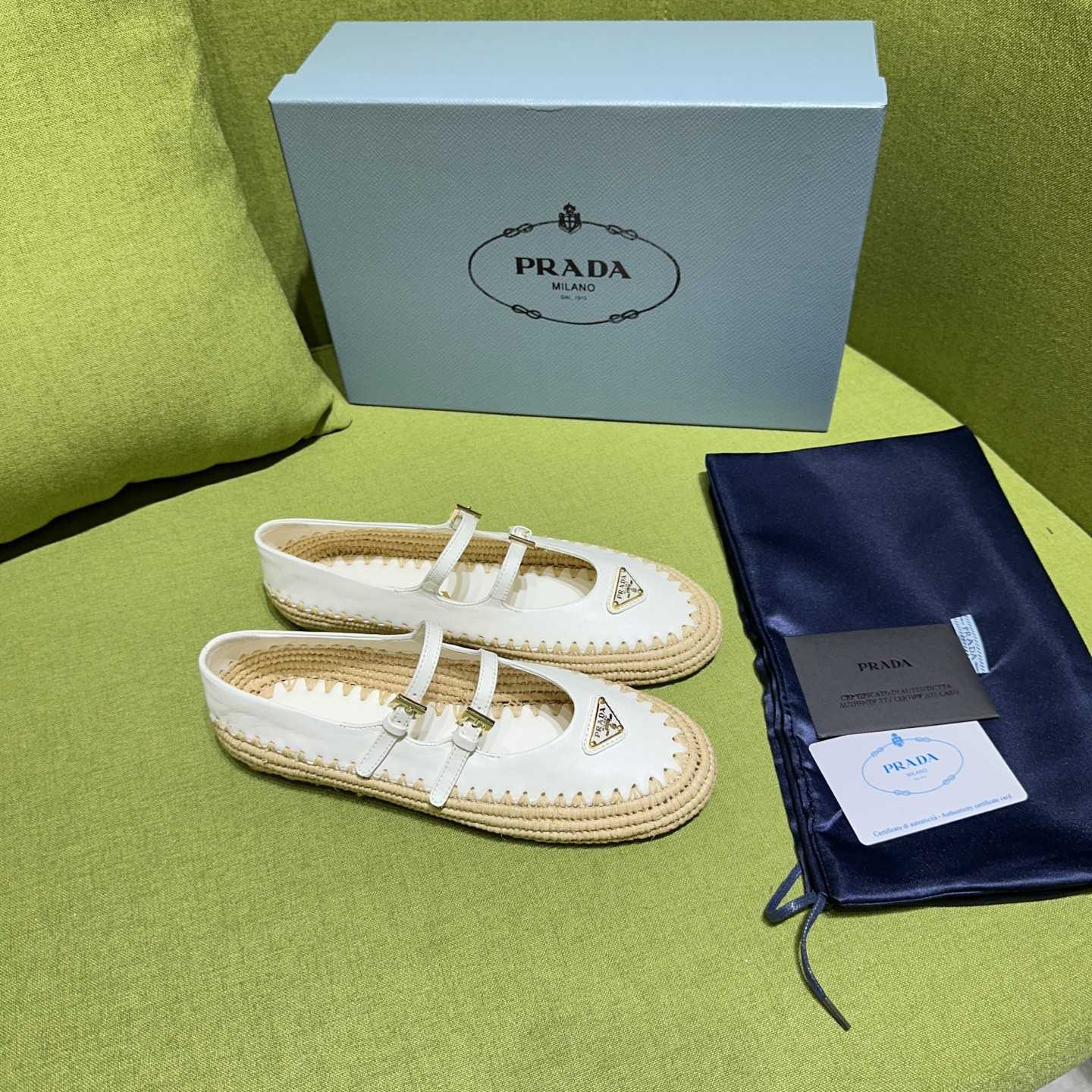 Prada Nappa Leather And Raffia Ballerinas - DesignerGu